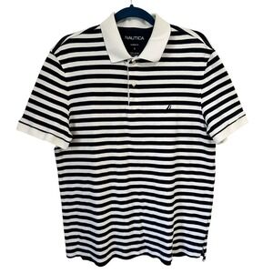 Nautica Mens Polo Shirt, Classic Fit, Navy White Striped, Short Sleeve Preppy